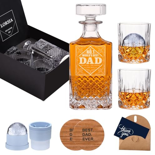 Gifts for Dad Men, Whiskey Decanter Set with Gift Box, Unique Christmas from Daughter or Son, Perfect Birthday and Retirement Present for Men - Includes 2 Ice Molds, 2 Coasters, and a Gift Card
