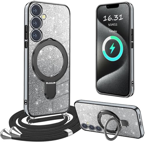XCYYOO HandyHülle für Samsung Galaxy A55 5G Hülle mit Band,[Mit Abnehmbarem Standfuß] Transparente Silikon Stoßfest Handykette Schutzhülle Ring Ständer Case mit Kette für Samsung Galaxy A55 5G-Schwarz