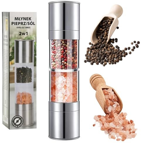 KARL HAUSMANN macina sale e pepe 2 in 1 manuale – 20 cm – combinato in acciaio inox e vetro acrilico – macina spezie regolabile in ceramica – sale pepe