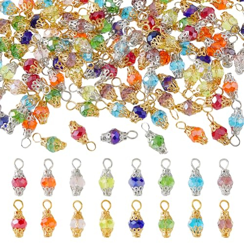 Hobbspring 40 ensemble de 16 breloques Pendantes en Cristal Colorées Pendentifs en Verre Coloré Breloque en Forme de Goutte de Verre avec Capuchon de Perle Doré et Platine pour la Fabrication Bijoux