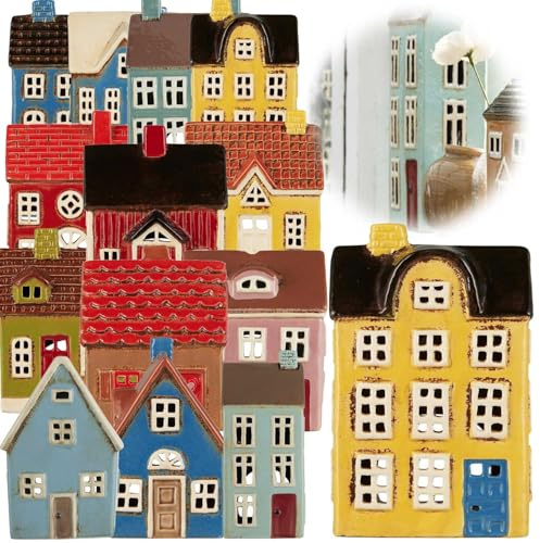 LS-LebenStil Teelichthaus Lichthaus 20cm Gelb Blau Keramik Fachwerkhaus Nyhavn Teelichthalter Windlichthalter Kerzenständer Teelichtständer Windlicht für Teelichter Lichterhaus Fachwerkhaus