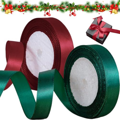 NJCXOLA 20mm x 22cm Weihnachtssatinband Geschenkband Breites Band Seidenband Stoffband für Kunsthandwerk Geschenkverpackung Rotes dunkelgrünes Satinband Dekoratives Band für Weihnachtsdekoration