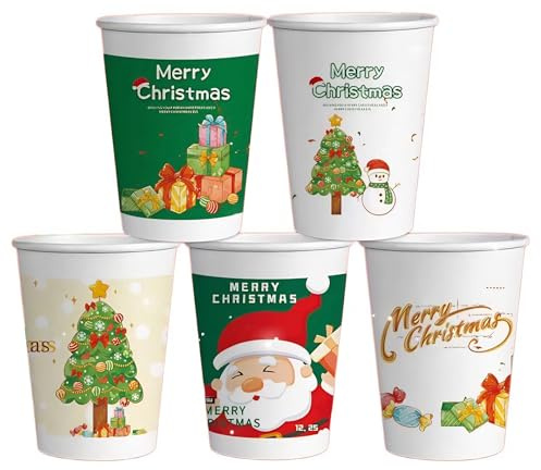 GWRFVIL 50 Pezzi Bicchieri di Carta Natalizi, 250 ml Tazza da Caffè Tazza da Cioccolata Calda con 5 Diversi Design Natalizi Personalizzati per Caffè, Cacao, tè o Bevande Fredde di Natale
