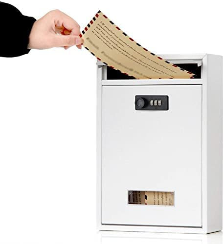 Lockable Wall Mount Mailbox with Combination Lock Weatherproof Steel Post Box White