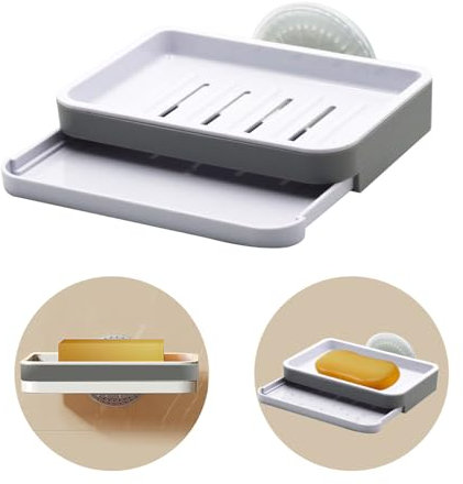 PERSENTU Suction Soap Dishes for Bathroom, Wall Mounted Soap Holder Bar for Shower, Drill-Free, Removable Plastic Soap Case with Drainage, Sponge Holder
