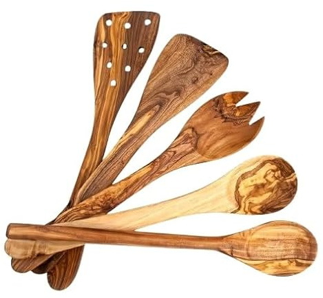 EMNA - 5-teiliges Oliven-Holz Küchenutensilien-Set ca. 30 cm, Kochlöffel aus luxuriösem Olivenholz, Flacher Pfannenwender und Geschlitzter Pfannenwender, Salatbesteck, für Küchenliebhaber,