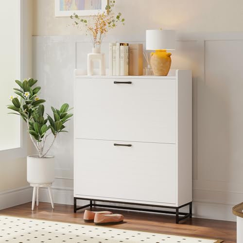 VOWNER Schuhschrank mit 2 Klappen, schmal Flur Schuhregal, Verstellbar Schuhablage, Schuhaufbewahrung für 12–16 Paar Schuhe, 80 x 24 x 101 cm, Weiß