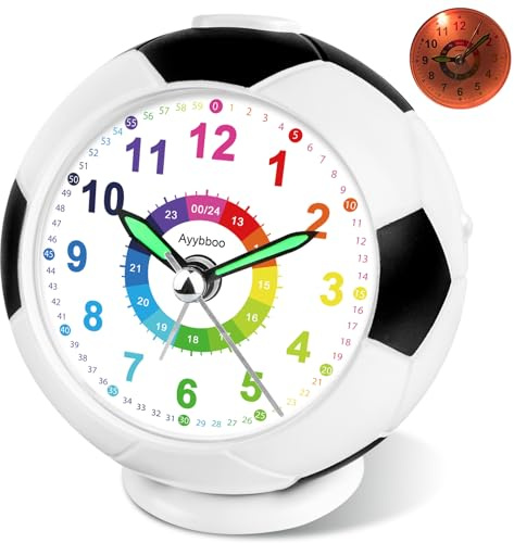 Ayybboo Kids Silent Alarm Clock,Children Football Bedside Analogue Clock with Night Light Snooze,Battery-Powered Non-Ticking Design for Boys Girls Beginners Learning Time