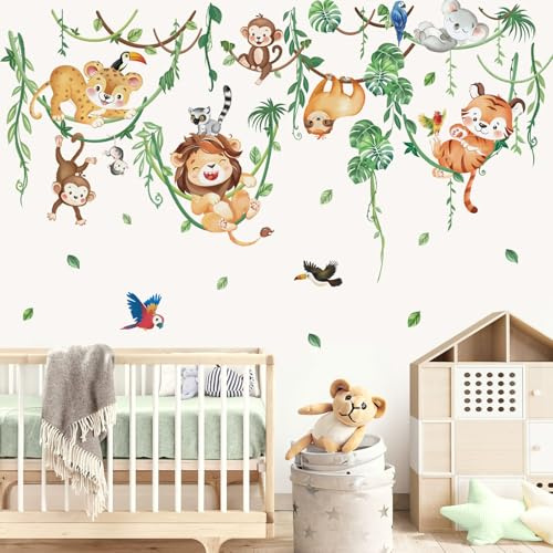 wondever Wandtattoo Dschungel Tiere Reben Wandsticker Tiere Löwe Affen | Abziehen und Aufkleben, Abziehbar, Wandaufkleber Selbstklebend für Kinderzimmer Babyzimmer Schlafzimmer Wanddeko