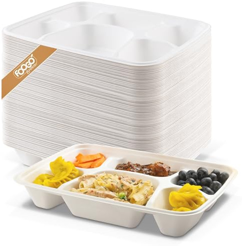 FOOGO Green 100pcs Large Disposable Plates, 28x21 inch 6 Deep Compartments | Sugarcane Bagasse Paper Trays, Divided Plates for Hot Food, Portion Control
