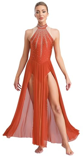 winying Robe De Danse Longue Femme Robe De Ballet Lyrique Strass Étincelant Salle De Bal Valse Tango avec Swing Dancewear Orange S