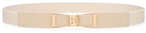 JasGood Damen Schmaler Elastischer Taillengürtel Verstellbarer Dünner Gürtel für Kleider Retro Klassisch Mode Goldschnalle Skinny Damengürtel für Jeans Hosen,Beige,90cm