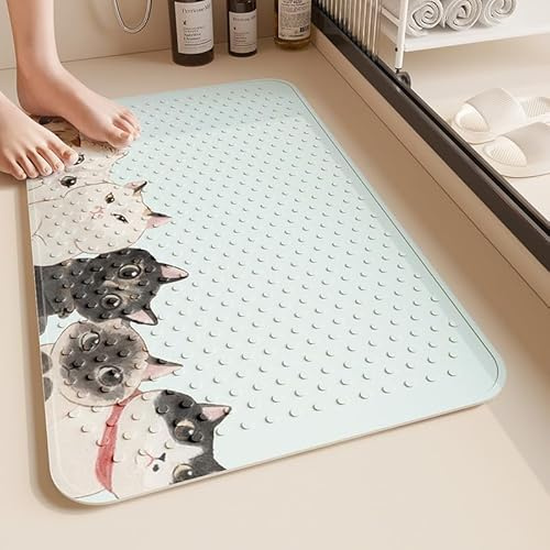 Alfombra Ducha 60X90Cm Gato Azul Alfombrilla De Baño Antideslizante Rectangular,Tapete Grande De PVC con Ventosas, Ideal para Ancianos, Adultos, Infantil Y Niños
