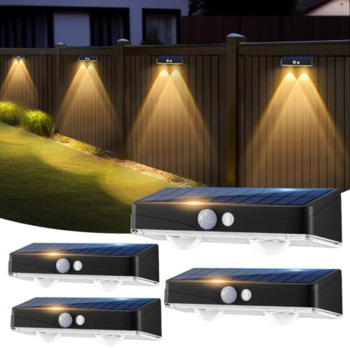 kolpop Solarlampen für Außen Wand mit Bewegungsmelder, 3 Modi, Solar Wandleuchten, IP65 Wasserdicht, 3000K LED Solarleuchten für Garten Zaun beleuchtung Balkon Terrassen Veranda, 4 Stück
