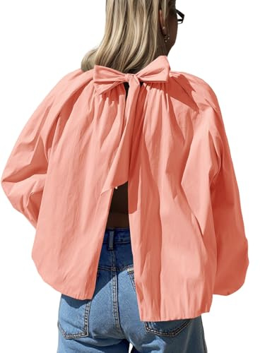 Tankaneo Womens Babydoll Tops Puff Long Sleeve Open Back Bow Tie Blouses Bubble Mock Neck Pleated Shirts Pink