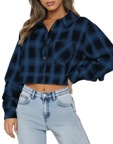 Lacozy Womens Flannel Plaid Cropped Shirt Button Down Buffalo Blouse Long Sleeve Crop Tops Loose Fall Jacket Blue S