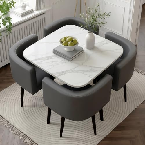 Esszimmergruppe Esstisch mit 4 Stühlen, Quadratischer Küchetisch aus Marmoroptik Tischplatte mit PU-Leder Gepolsterten Stühlen, Tisch und 4 Stühle für Küche, Wohnzimmer, Balkon, Büro (Quadrat Weiß)