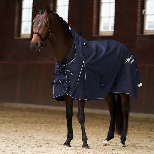 Imperial Riding Outdoordecke IRH Super-Proof 100 g, 1200D Ripstop-Nylon, wasserdicht & atmungsaktiv, Halsteil, Gehfalten & Polsterung, robuste Übergangsdecke Pferde, Navy, 135