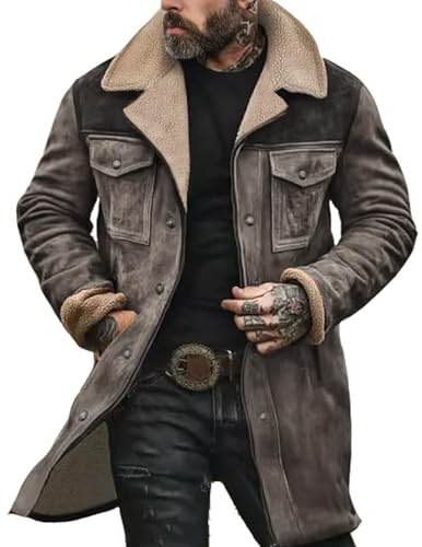 Giacche da uomo vintage in pelle scamosciata western da cowboy con colletto in pile, cappotti casual in ecopelle con cerniera a manica lunga, abbigliamento esterno retrò, Grigio, L