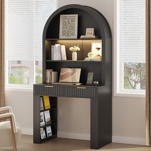 ZKIODV Arched Writing Desk with Hutch, Home Office Desk with 2 Drawers, Secretary Desk with Outlets, 3 Color LED Lights, Open Shelves, Computer Desk for Small Space, Bedroom 35.4 W x 70.8 H (Black)