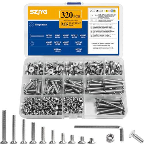 320 Stück M5 Schrauben Set, Senkkopfschrauben Muttern Set, Flachkopfschrauben Sechskantschrauben Innensechskant mit Muttern, Edelstahlschrauben Gewindeschrauben Maschinenschrauben Sortiment