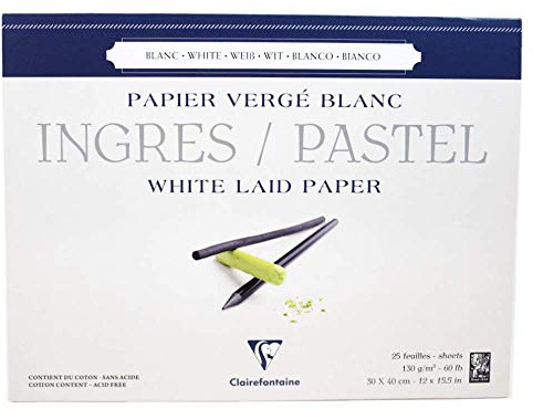 Clairefontaine 96483C Bloc Collé Ingres Pastel - 25 Feuilles Papier Ingres Vergé Blanc - 30x40 cm 130g - Idéal pour le Dessin au Crayon, à la Sanguine ou au Fusain