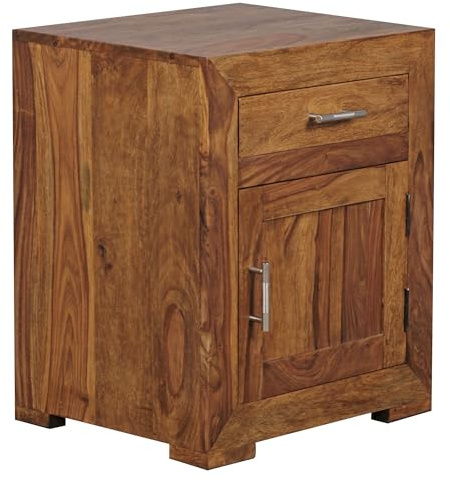 Wohnling Nachttisch Mumbai 50x40x60 cm Sheesham Massivholz, Schublade Tür | Nachtkommode im Landhausstil, Nachtschrank massiv für Boxspringbett, handgefertigtes Unikat, Nachtkonsole mit Stauraum