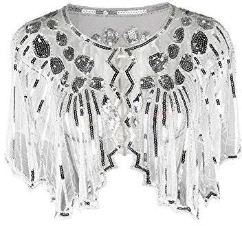 Grouptap 1920s silver white gatsby shawl bolero sequin cape shrug wrap for women ladies flapper art deco vintage dress costume (White, One Size)