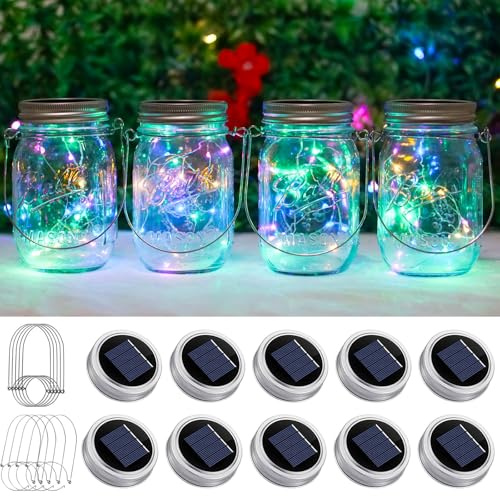 SmilingTown Solar Light for Mason Jars 20 LED Outdoor Fairy String Light Lids with Hangers for Jar Lantern Waterproof Rust Resist for Patio Lawn Garden Decor No Jars 10 Pack (Multicolored)