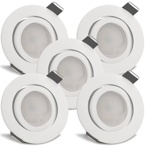 trendlights24 Bianco LED Einbaustrahler dimmbar flach 230V Weiß 5W 5er Set | extra flach, Einbautiefe 35 mm, Spots, Neutralweiß, 4000k, austauschbar, Decken Einbauleuchte, Weiß matt, rund, schwenkbar