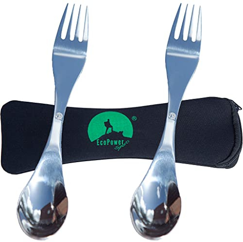 ECOPOWER SPORTS Spork Set of 2, Stainless Steel SPORKS & 1 Black Pouch, Eco-Friendly, The Best Travel Cutlery Set, Spoon Fork Combo.