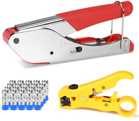 Hiija Coax Cable Crimper Kit Coaxial Cable Rg6 Compression Tool Kit with 20PCS F RG6 Connectors, Wire Coax Cable Stripper Tool
