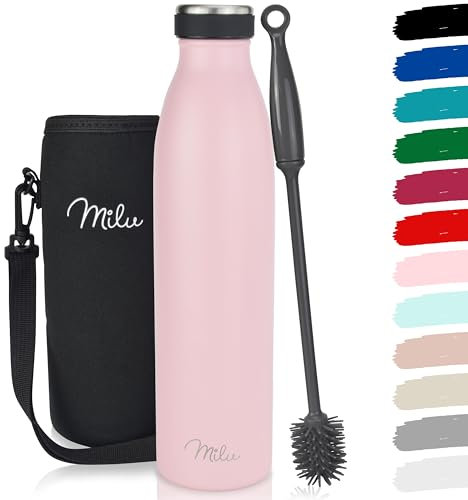 Milu Edelstahl Trinkflasche 350ml 500ml 750ml 1L 1,5L Thermosflasche Isolierte Wasserflasche Auslaufsichere Isolierflasche doppelwandig Kohlensäure geeignet – inkl. Reinigungsbürste (Rosa, 1L)