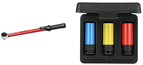 GEDORE red Drehmomentschlüssel für Links- und Rechtsgewinde, 1/2 Zoll, 40-200 Nm, Rot/Schwarz & red Kraftschrauber-Steckschlüssel-Satz mit Schonhülsen, 3-teilig, 17/19/21 mm, Tiefenanschlag