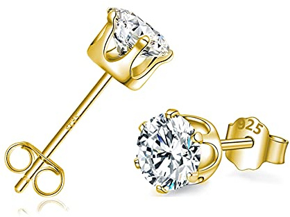 Sterling Silver Stud Earrings for Women and Men, 18K Gold Cubic Zirconia Studs, Hypoallergenic 4mm Small Earrings for Girls and Children