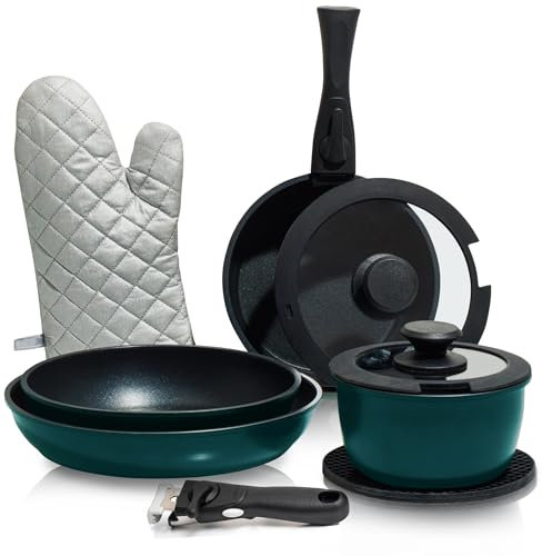 Moss & Stone Juego de ollas y sartenes de aluminio antiadherentes, mango extraíble, apilables, apto para lavavajillas, juego de utensilios de cocina de inducción para campamento (10 piezas, azul)
