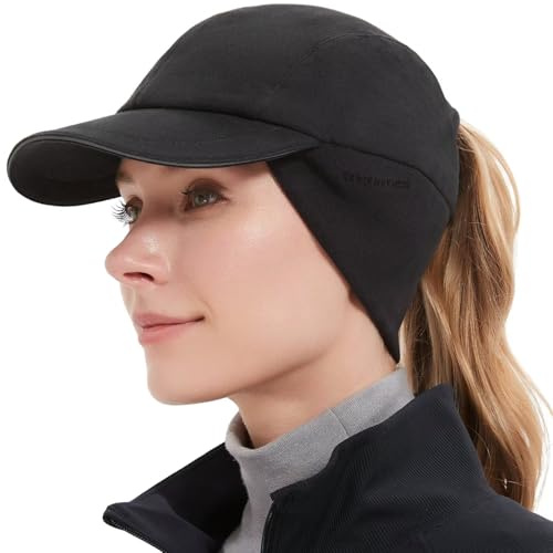 GADIEMKENSD Winter Fleece Hats Reflective Ponytail Hat for Women Baseball Caps with Earflap Drop Down Ear Warmer Mens Skull Cap Beanie with Visor Cold Hat for Outdoor Snow Ski Hiking Running Black