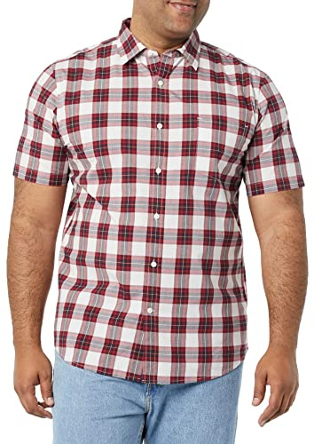 Amazon Essentials Chemise en Popeline à Manches Courtes Coupe Ajustée Homme, Rouge À Carreaux, L