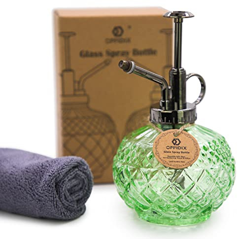 OFFIDIX Glas-Pflanzenvernebel, 300 ml, Sprühflasche im Vintage-Stil, Gießkanne mit Kunststoffpumpe, Blumengießkanne für Topfpflanzen, Garten, Reinigung (grün)