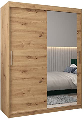 MEBLE KRYSPOL Kleiderschrank mit Spiegel Tokyo 2 - Garderobenschrank - Schrank Schlafzimmer - Mehrzweckschrank Zwei Schiebetüren - Regalen - Flur Möbel - Kleiderstange Schrank - Allzweckschrank