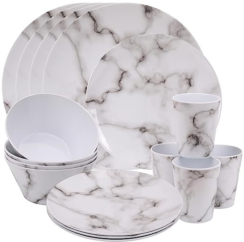 Trimming Shop Service de table 16 pièces en mélamine,Assiettes, assiettes à dessert, bols et tasses,Service pour 4 personnes, l'extérieur, le pique-nique et le camping