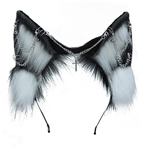 VIGVAN Handgemachte Wolf Fuchs Ohren Cosplay Kopf Zubehör Kawaii Haarband (Kette Schwarz Weiß)