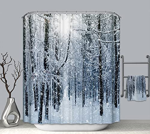 EHOMERY Duschvorhang Waschbar Duschrollo Für Badewanne Vintage Schnee-Szenen-Wald Polyester Grau Rostfreie Ösen Und 12 Hakenringe, 90X180Cm