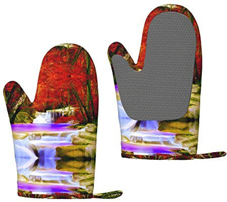 Ofenhandschuhe mit Wasserfall-Motiv, rot, bedruckt, Grillhandschuhe, Küchenhandschuhe, Silikon, rutschfest, zum Kochen, Grillen, Topflappen, 2 Stück