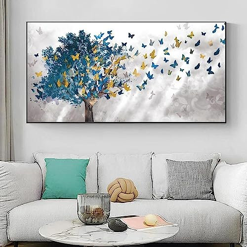 MHLCMG Blaue Baum Schmetterlings Leinwand Malerei Bilder Wandkunst Moderne Poster Kunstdruck Bild Wand Wohnzimmer Schlafzimmer Dekor Kein Rahmen (60X120CM)