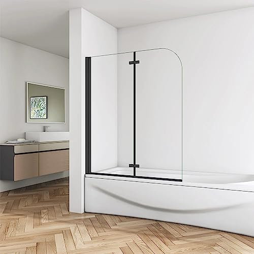 Mampara de Bañera Abatible 2 Hojas Cristal Antical 6mm Plegable Perfil Negro Mate Tamaño:(1180-1200) x1400mm