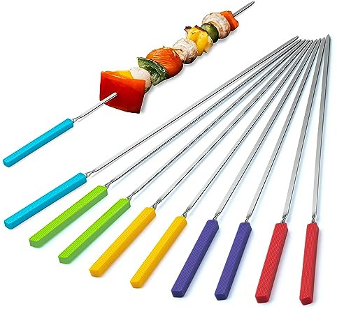 Spiedini da barbecue con manico in silicone, spiedini in acciaio inox lunghi 405 mm, per grigliate al barbecue, borsa per il trasporto inclusa (10 PCS)