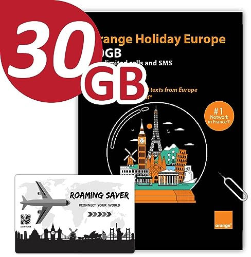 Orange Holiday Europe Prepaid-SIM-Karten-Kombiangebot 30 GB Internetdaten in 5G/4G/LTE (Daten-Tethering erlaubt) + 120 Minuten und 1000 SMS von Europa in jedes Land weltweit +1Sim-Kartenhalter+1PIN