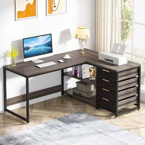 Tribesigns L Shaped Computer Desk with Storage Drawers, 59 inch Corner Desk with Shelves, Reversible L-Shaped Office Desk Writing Table Workstation for Home Office, Grey