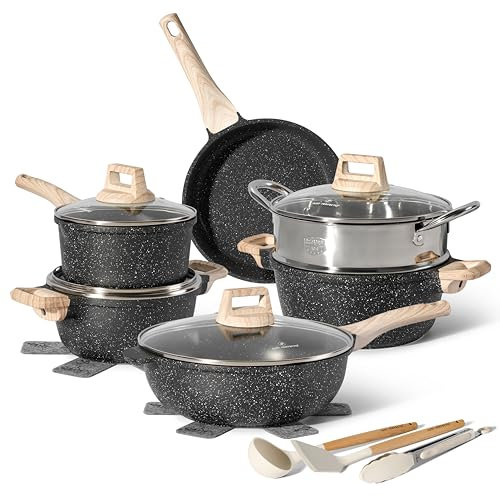 Just Perfecto Lot Casseroles et Poêles 11 Pièces - Poêle à Frire 20cm/26cm, Casserole 18cm/20cm, Sauteuse 26cm, Induction, Poignée Amovible, Revêtement Antiadhésif, Couvercles Antiprojections Black